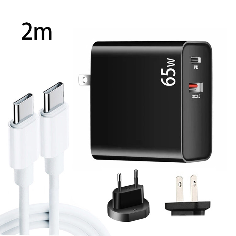 Adaptateur de charge pour ordinateur portable PD-65W USB-C / Type-C + QC3.0 USB + ensemble de câbles de données USB-C / Type-C vers USB-C / Type-C de 2m, prise UE / prise US, câble USB-C / Type-C, prise UE / prise US