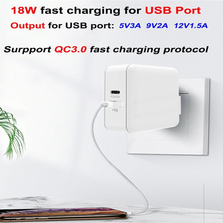 Adaptateur de charge pour ordinateur portable PD-65W USB-C / Type-C + QC3.0 USB + ensemble de câbles de données USB-C / Type-C vers USB-C / Type-C de 2m, prise UE / prise US, câble USB-C / Type-C, prise UE / prise US