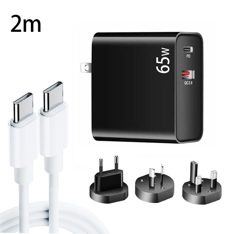 Adaptateur de charge pour ordinateur portable USB-C/Type-C PD-65W + USB QC3.0 + ensemble de câbles de données USB-C/Type-C vers USB-C/Type-C de 2m, prise UE/prise AU/prise US/prise UK, câble USB-C/Type-C, prise UE/prise AU/prise US/prise UK