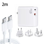 Adaptateur de charge pour ordinateur portable USB-C/Type-C PD-65W + USB QC3.0 + ensemble de câbles de données USB-C/Type-C vers USB-C/Type-C de 2m, prise UE/prise AU/prise US/prise UK, câble USB-C/Type-C, prise UE/prise AU/prise US/prise UK