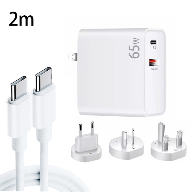 Adaptateur de charge pour ordinateur portable USB-C/Type-C PD-65W + USB QC3.0 + ensemble de câbles de données USB-C/Type-C vers USB-C/Type-C de 2m, prise UE/prise AU/prise US/prise UK, câble USB-C/Type-C, prise UE/prise AU/prise US/prise UK