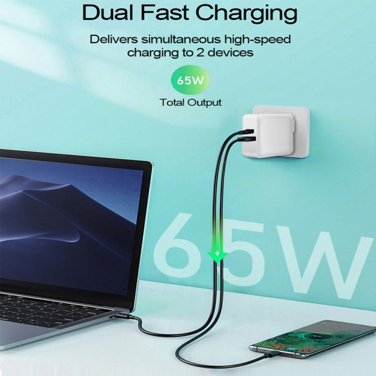 Adaptateur de charge pour ordinateur portable USB-C/Type-C PD-65W + USB QC3.0 + ensemble de câbles de données USB-C/Type-C vers USB-C/Type-C de 2m, prise UE/prise AU/prise US/prise UK, câble USB-C/Type-C, prise UE/prise AU/prise US/prise UK