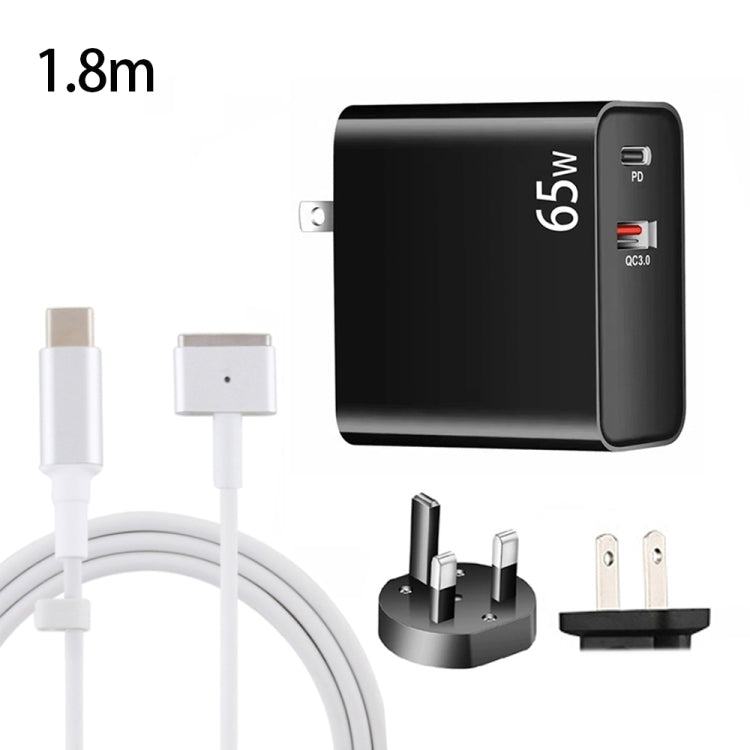 Adaptateur de charge pour ordinateur portable USB-C/Type-C PD-65W + USB QC3.0 + câble de données USB-C/Type-C vers MagSafe 2/tête en T de 1,8 m, prise britannique/prise américaine, câble MagSafe 2/tête en T, prise britannique/prise américaine