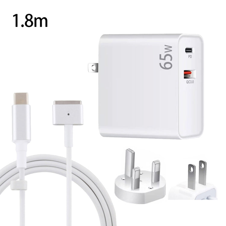 Adaptateur de charge pour ordinateur portable USB-C/Type-C PD-65W + USB QC3.0 + câble de données USB-C/Type-C vers MagSafe 2/tête en T de 1,8 m, prise britannique/prise américaine, câble MagSafe 2/tête en T, prise britannique/prise américaine