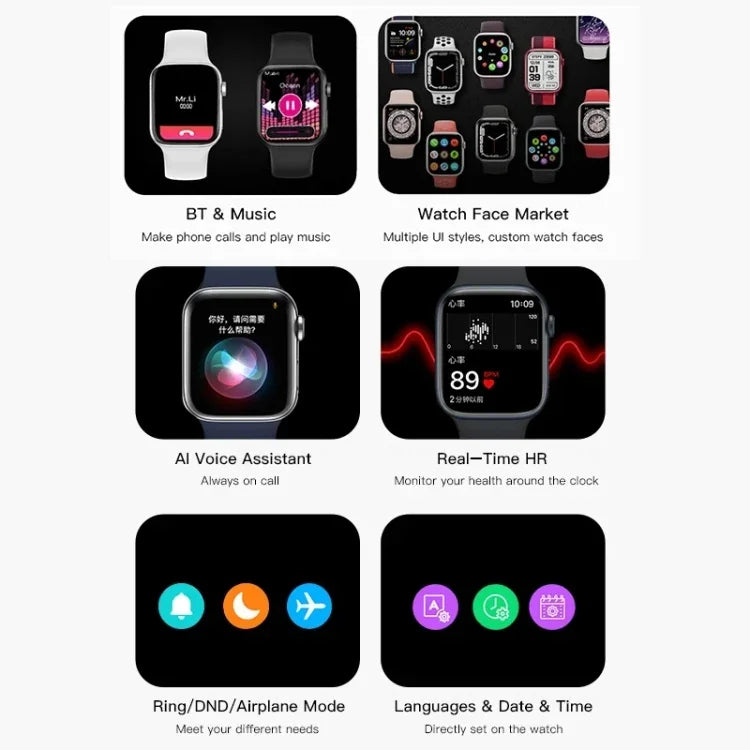 Montre connectée CT7 avec écran couleur de 1,7 pouce, compatible avec la surveillance de la fréquence cardiaque et de la pression artérielle.