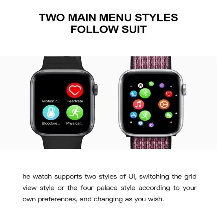 Montre connectée T500 Plus avec écran couleur de 1,44 pouce, compatible avec la surveillance de la fréquence cardiaque et de la pression artérielle.