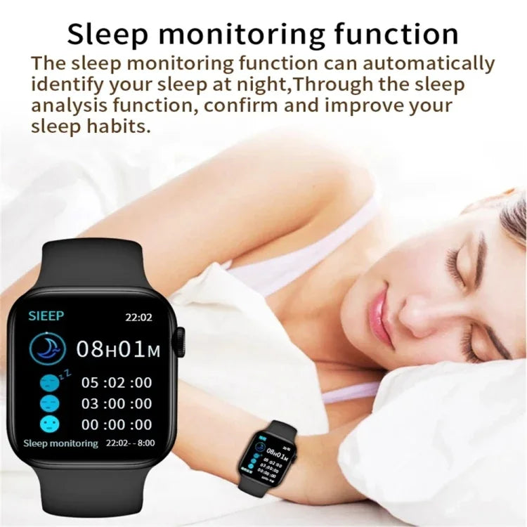 Montre connectée T500 Plus avec écran couleur de 1,44 pouce, compatible avec la surveillance de la fréquence cardiaque et de la pression artérielle.