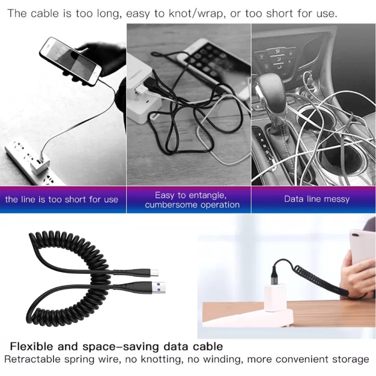 Câble de données de charge rapide pour téléphone portable télescopique à ressort de 1,5 m, USB vers 8 broches, USB vers Type-C, USB vers Micro USB
