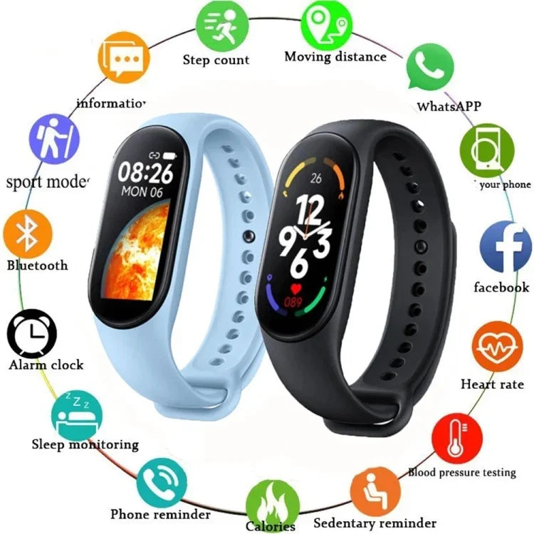 Montre connectée M7 avec écran couleur de 0,96 pouce, compatible avec la surveillance de la fréquence cardiaque et de la pression artérielle.