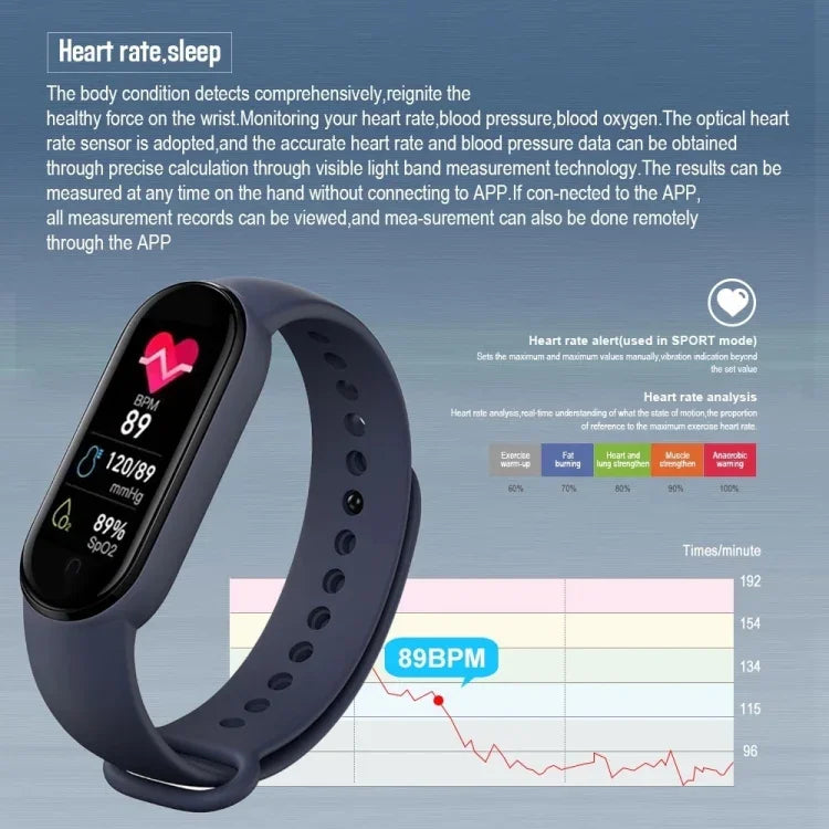 Montre connectée M7 avec écran couleur de 0,96 pouce, compatible avec la surveillance de la fréquence cardiaque et de la pression artérielle.