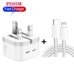 Chargeur 35W PD double ports USB-C / Type-C avec câble de données Type-C vers 8 broches, prise UK, prise UK + câble 8 broches 1m, prise UK + câble 8 broches 1,5m, prise UK + câble 8 broches 2m