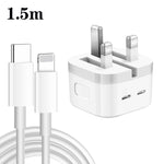 Chargeur 35W PD double ports USB-C / Type-C avec câble de données Type-C vers 8 broches, prise UK, prise UK + câble 8 broches 1m, prise UK + câble 8 broches 1,5m, prise UK + câble 8 broches 2m