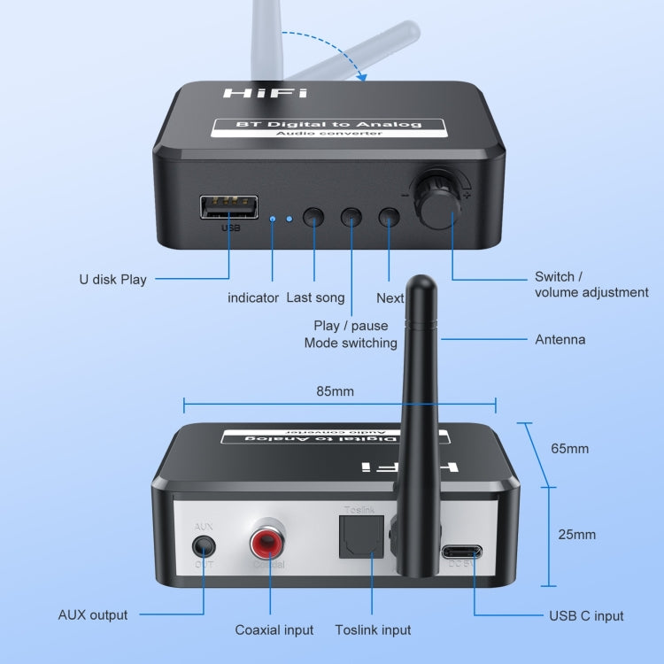 Récepteur musical Bluetooth 5.2 B35S Convertisseur numérique vers analogique supportant U-disk, fibre, coaxial, B35S