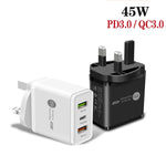 Chargeur rapide multi-ports 45W PD3.0 + 2 x QC3.0 USB, prise UK, prise UK