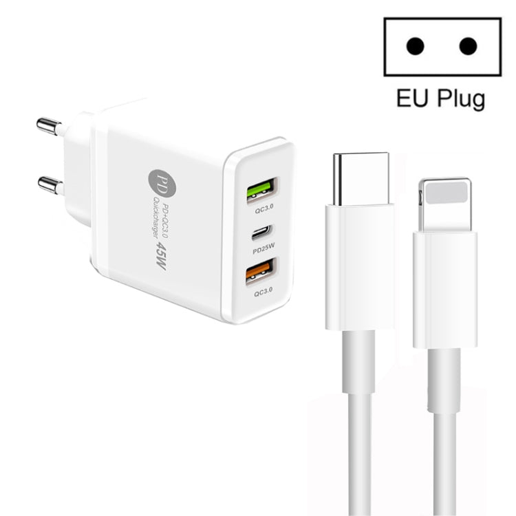 Chargeur multi-ports 45W PD3.0 + 2 x QC3.0 USB avec câble Type-C vers 8 broches, prise EU, prise EU + câble Type-C vers 8 broches