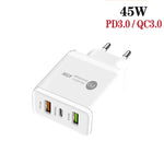 Chargeur multi-ports 45W PD3.0 + 2 x QC3.0 USB avec câble Type-C vers 8 broches, prise EU, prise EU + câble Type-C vers 8 broches
