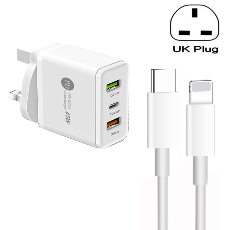 Chargeur multi-ports 45W PD3.0 + 2 x QC3.0 USB avec câble Type-C vers 8 broches, prise UK, prise UK + câble Type-C vers 8 broches
