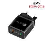 Chargeur multi-ports 45W PD3.0 + 2 x QC3.0 USB avec câble Type-C vers 8 broches, prise UK, prise UK + câble Type-C vers 8 broches