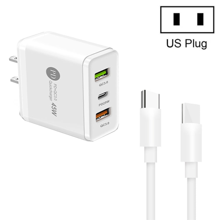 Chargeur multi-port USB 45W PD3.0 + 2 x QC3.0 avec câble Type-C vers Type-C, prise US, prise US + câble Type-C vers Type-C