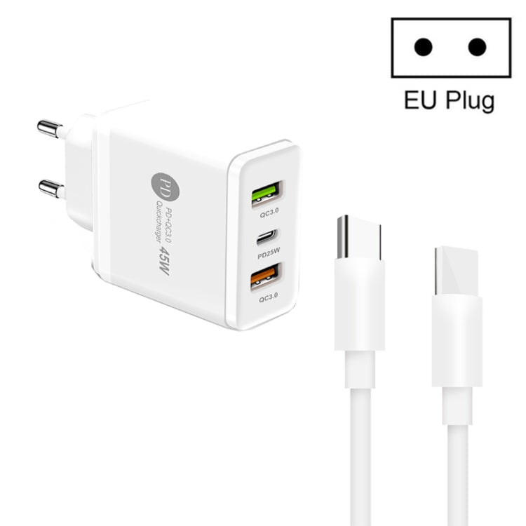 Chargeur multi-port USB 45W PD3.0 + 2 x QC3.0 avec câble Type-C vers Type-C, prise EU, prise EU + câble Type-C vers Type-C