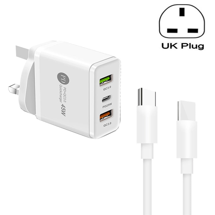 Chargeur multi-port USB 45W PD3.0 + 2 x QC3.0 avec câble Type-C vers Type-C, prise UK, prise UK + câble Type-C vers Type-C
