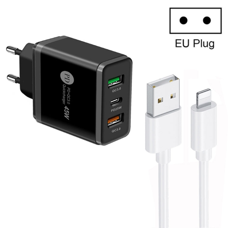 Chargeur multi-ports 45W PD25W + 2 x QC3.0 USB avec câble USB vers 8 broches, prise EU, prise EU + câble USB vers 8 broches