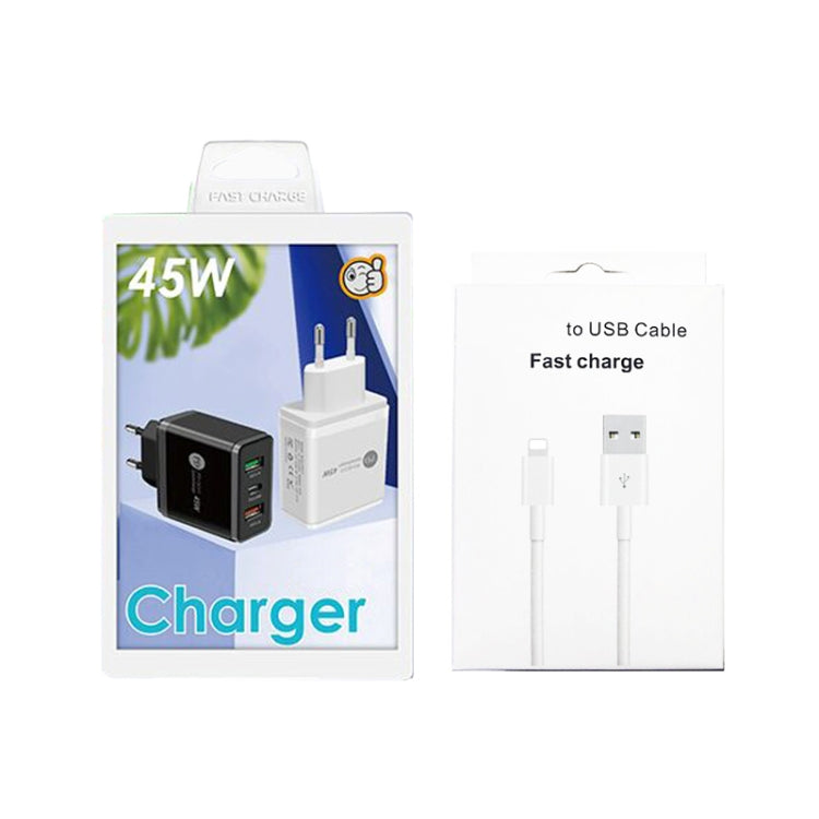 Chargeur multi-ports 45W PD25W + 2 x QC3.0 USB avec câble USB vers 8 broches, prise EU, prise EU + câble USB vers 8 broches