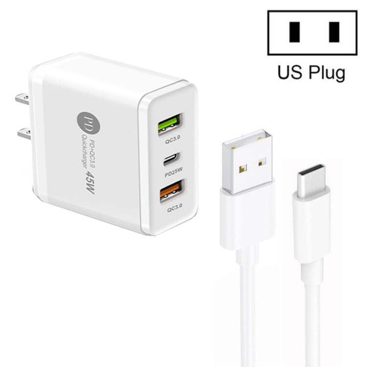 Chargeur multi-port USB 45W PD25W + 2 x QC3.0 avec câble USB vers Type-C, prise US, prise US + câble USB vers Type-C