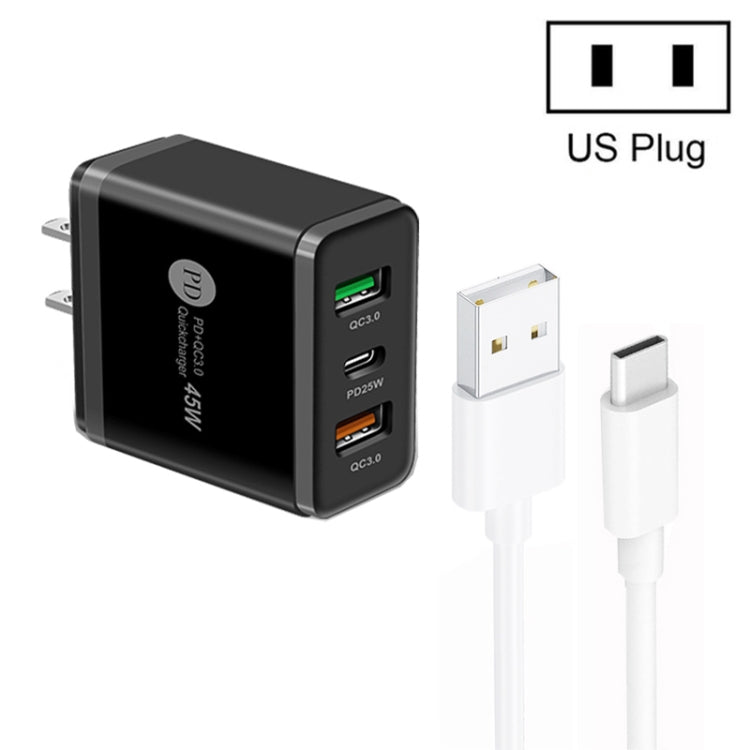 Chargeur multi-port USB 45W PD25W + 2 x QC3.0 avec câble USB vers Type-C, prise US, prise US + câble USB vers Type-C