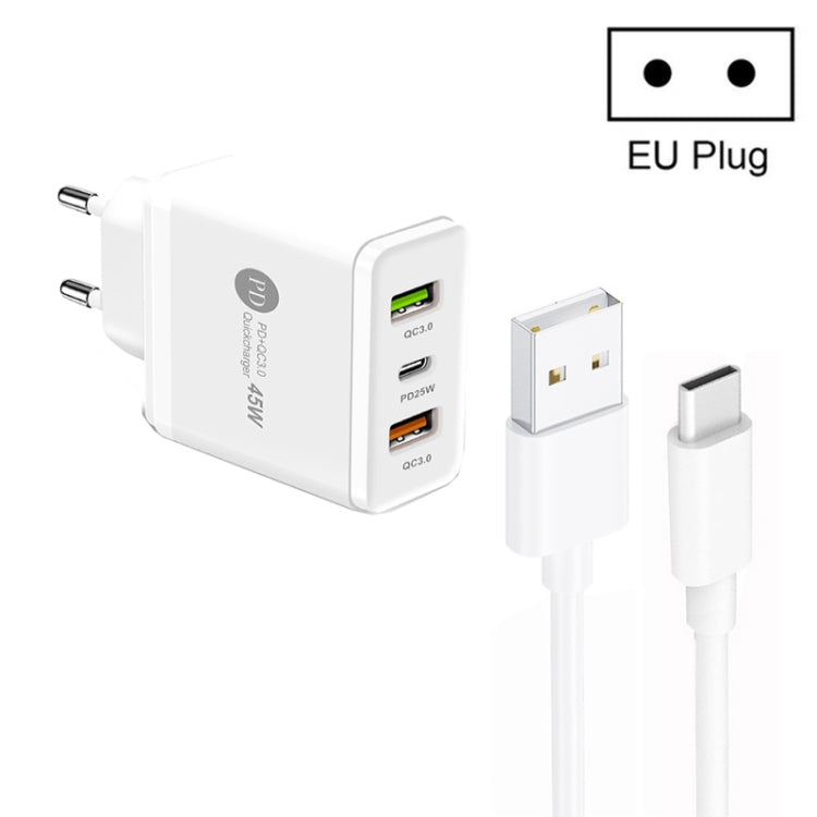 Chargeur multi-port USB 45W PD25W + 2 x QC3.0 avec câble USB vers Type-C, prise EU, prise EU + câble USB vers Type-C