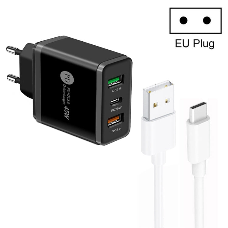 Chargeur multi-port USB 45W PD25W + 2 x QC3.0 avec câble USB vers Type-C, prise EU, prise EU + câble USB vers Type-C