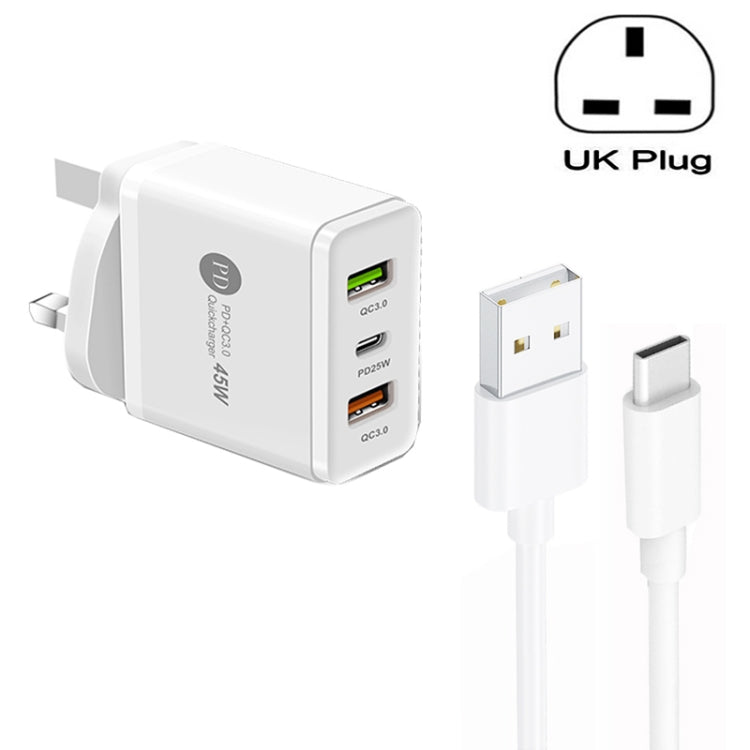 Chargeur multi-port USB 45W PD25W + 2 x QC3.0 avec câble USB vers Type-C, prise UK, prise UK + câble USB vers Type-C