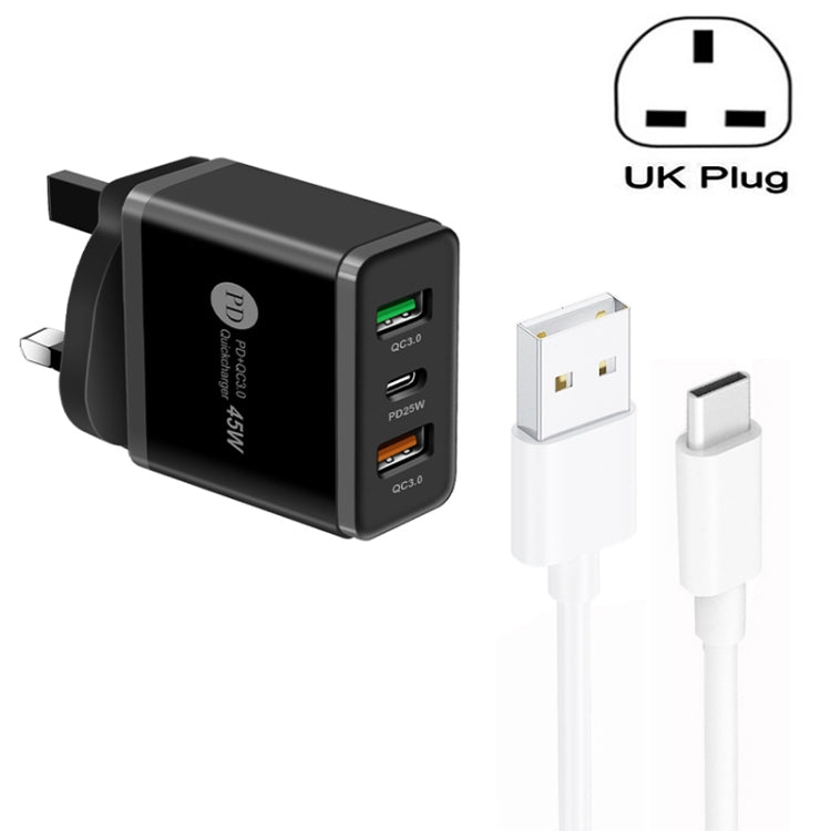 Chargeur multi-port USB 45W PD25W + 2 x QC3.0 avec câble USB vers Type-C, prise UK, prise UK + câble USB vers Type-C