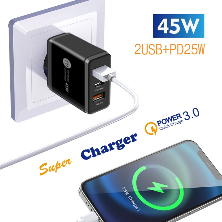 Chargeur multi-port USB 45W PD25W + 2 x QC3.0 avec câble USB vers Type-C, prise UK, prise UK + câble USB vers Type-C