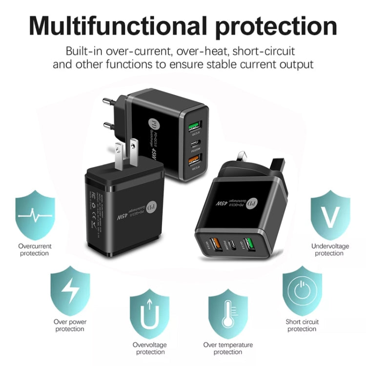 Chargeur multi-port USB 45W PD25W + 2 x QC3.0 avec câble USB vers Type-C, prise UK, prise UK + câble USB vers Type-C