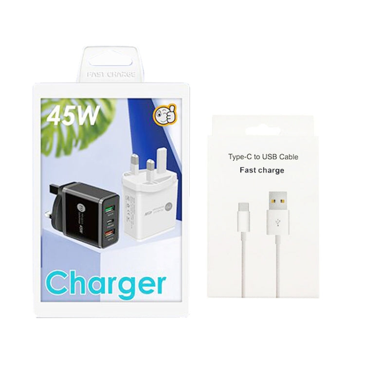 Chargeur multi-port USB 45W PD25W + 2 x QC3.0 avec câble USB vers Type-C, prise UK, prise UK + câble USB vers Type-C