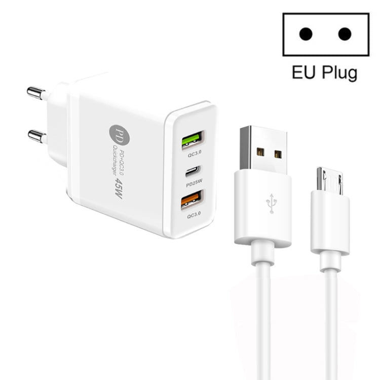 Chargeur multi-port USB 45W PD25W + 2 x QC3.0 avec câble USB vers Micro USB, prise EU, prise EU + câble USB vers Micro USB