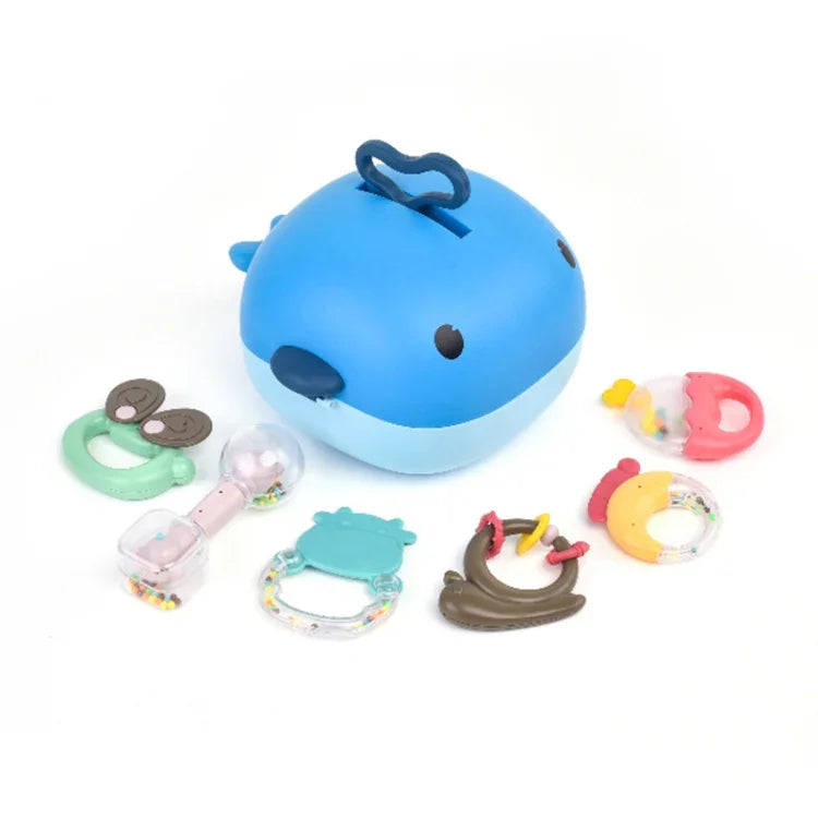 MoFun 2029A ensemble 2 en 1 hochet et anneau de dentition pour bébé 6 pièces avec boîte de rangement baleine, 2029A
