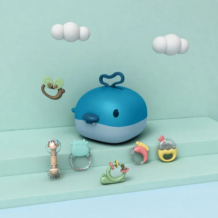 MoFun 2029A ensemble 2 en 1 hochet et anneau de dentition pour bébé 6 pièces avec boîte de rangement baleine, 2029A