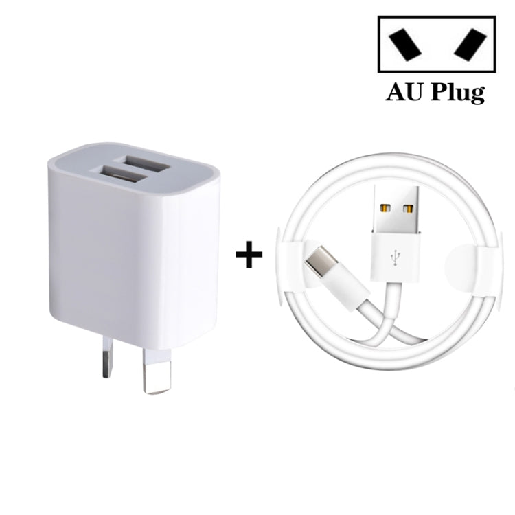 Mini chargeur USB double port avec câble de données USB vers Type-C, prise AU, prise AU + câble Type-C