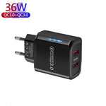 Chargeur téléphone mobile USB double port 36W QC3.0 sortie double 18W, prise EU, prise EU