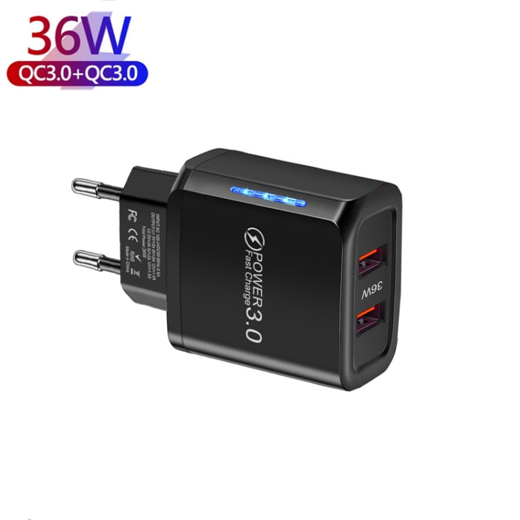 Chargeur téléphone mobile USB double port 36W QC3.0 sortie double 18W, prise EU, prise EU
