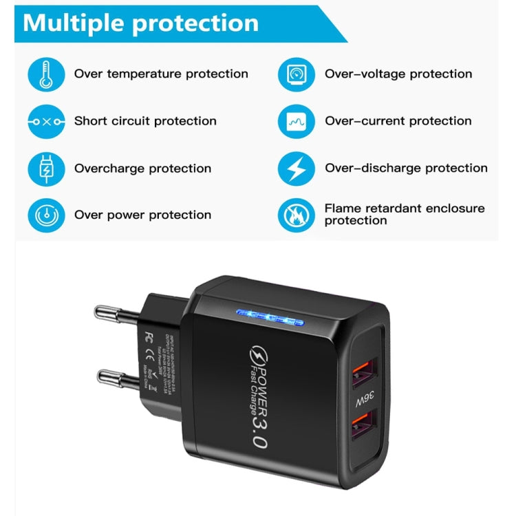 Chargeur téléphone mobile USB double port 36W QC3.0 sortie double 18W, prise EU, prise EU