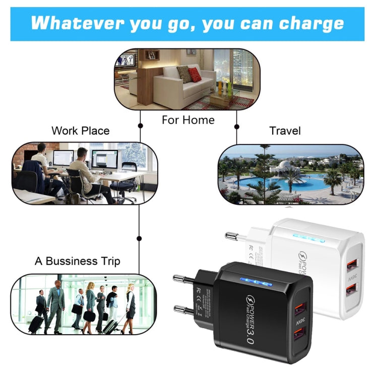 Chargeur téléphone mobile USB double port 36W QC3.0 sortie double 18W, prise EU, prise EU