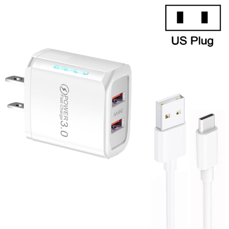 Chargeur USB QC3.0 double port 36W avec câble de données USB 3A vers Type-C, prise US, prise US + câble USB vers Type-C