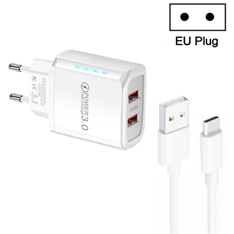 Chargeur USB QC3.0 double port 36W avec câble de données USB 3A vers Type-C, prise EU, prise EU + câble USB vers Type-C