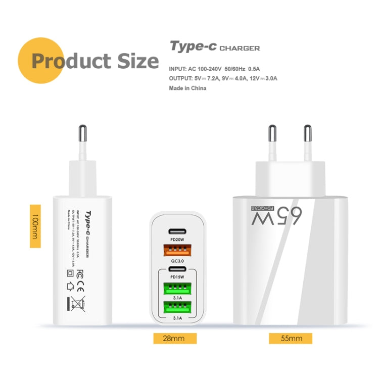 Chargeur multi-ports 65W double PD Type-C + 3 x USB pour téléphone et tablette, prise EU, prise EU