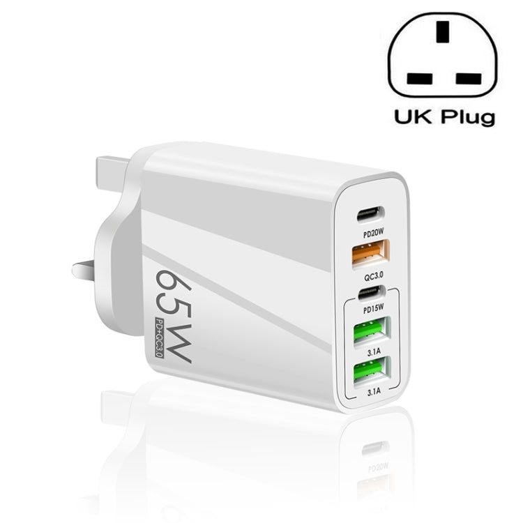 Chargeur multi-ports 65W double PD Type-C + 3 x USB pour téléphone et tablette, prise UK, prise UK