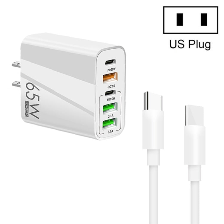 Chargeur multi-port 65W double PD Type-C + 3 x USB avec câble de données Type-C 3A vers Type-C, prise US, prise US + câble Type-C vers Type-C