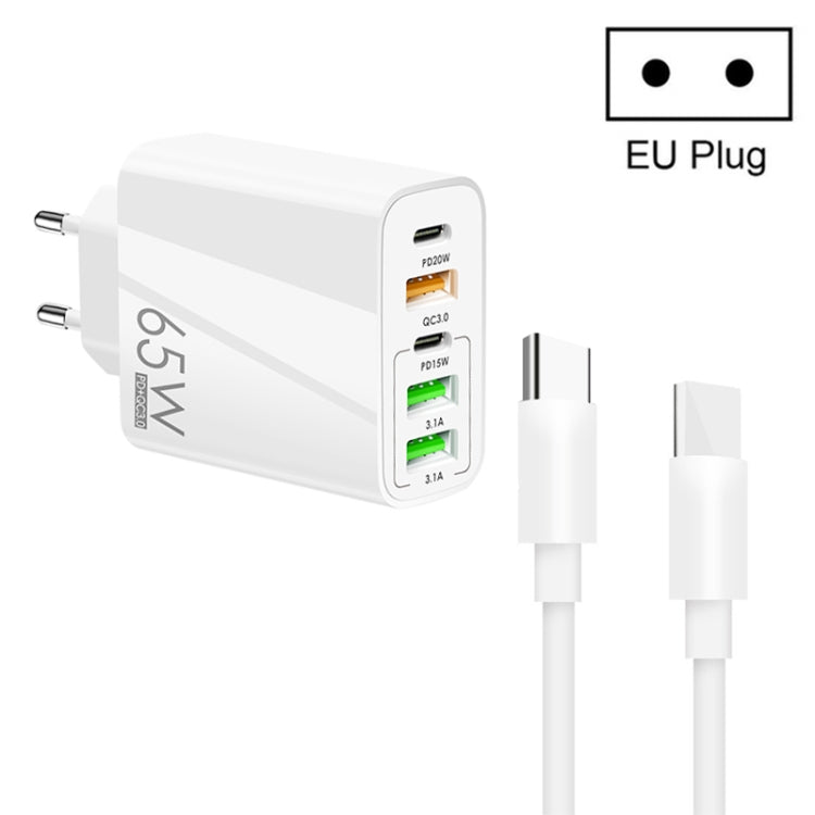 Chargeur multi-port 65W double PD Type-C + 3 x USB avec câble de données Type-C 3A vers Type-C, prise US, prise EU + câble Type-C vers Type-C